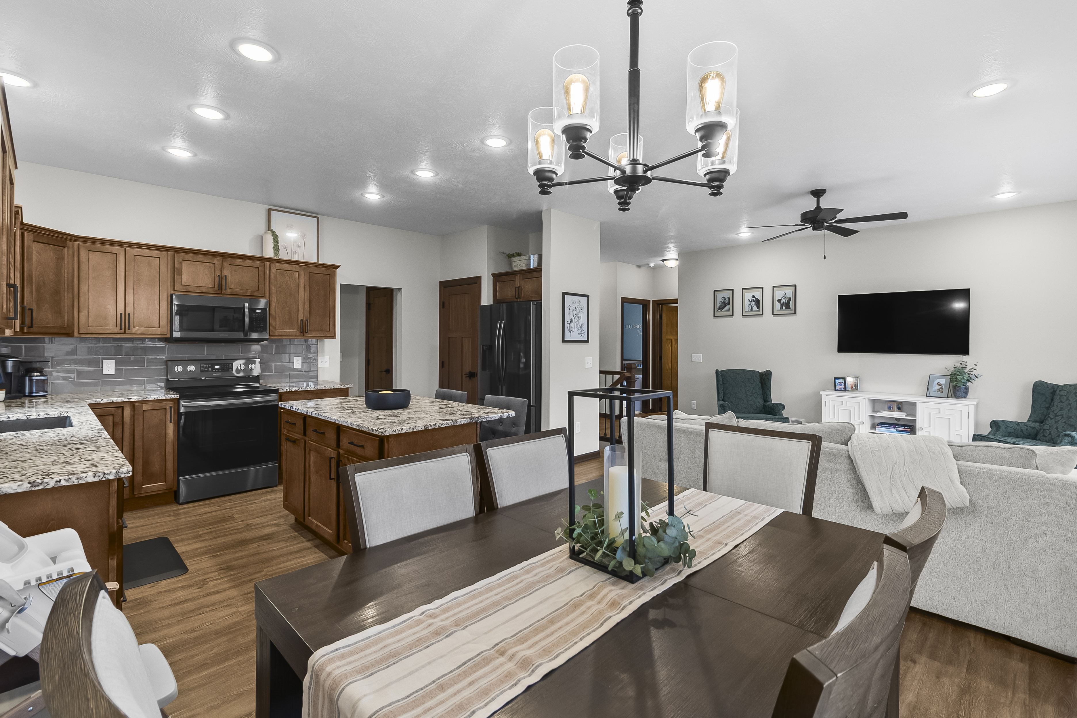 Modern kitchen with granite countertops and island